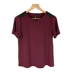 Zoe+Phoebe Womens Shirt Burgundy Size Medium Leather Shoulders Date Night Cute‎